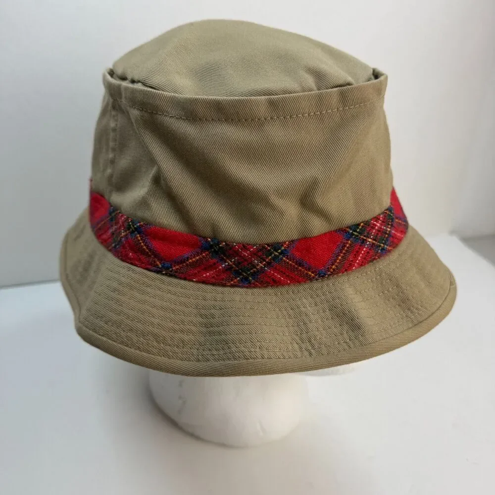 Vintage LL Bean Bucket Hat Size 7 1/2 Made in USA Union Plaid Tan Beige